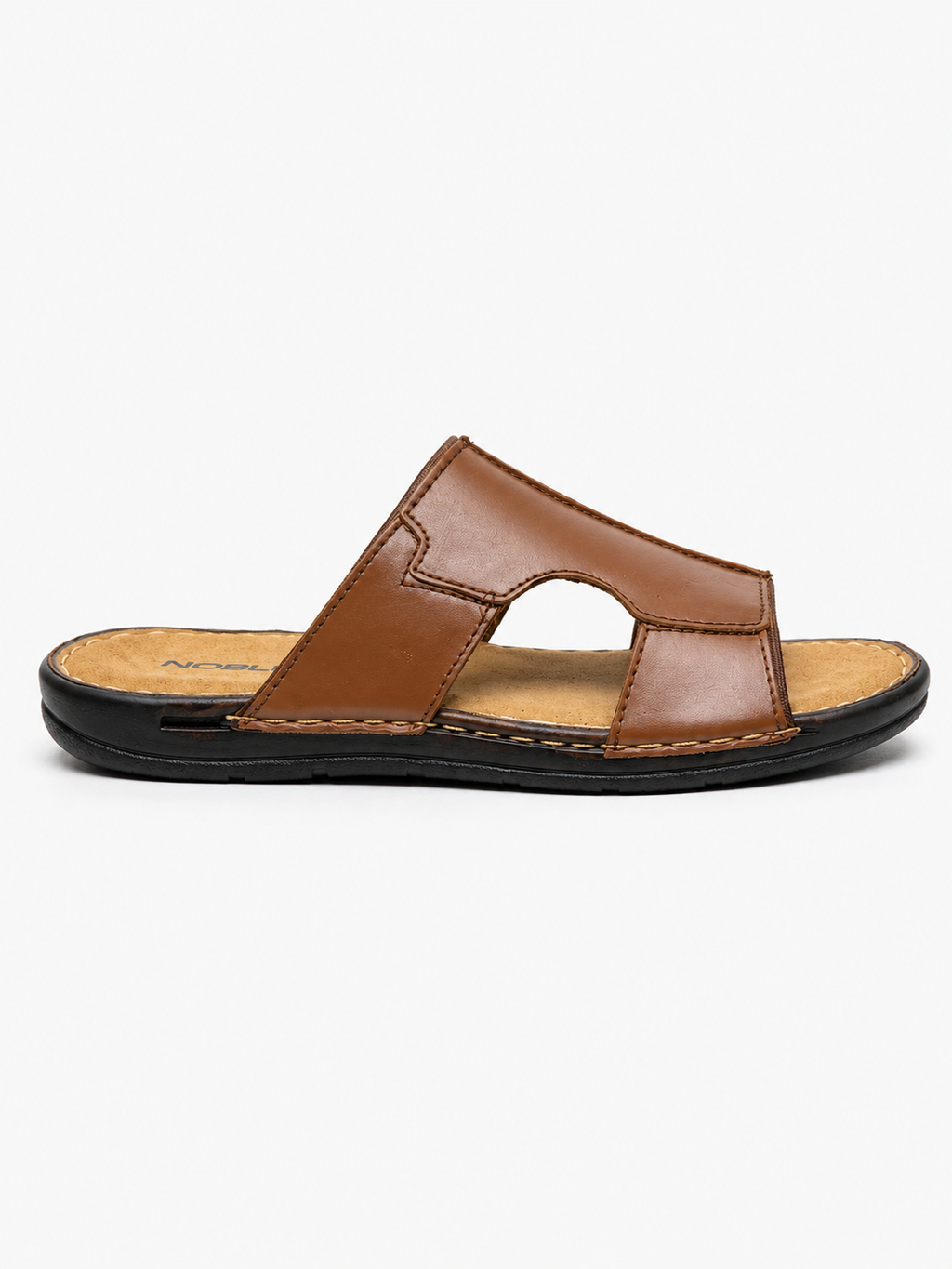 A single men's slide sandal in brown leather with a black sole, shown from a side profile view against a plain white background.