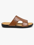 A single men's slide sandal in brown leather with a black sole, shown from a side profile view against a plain white background.
